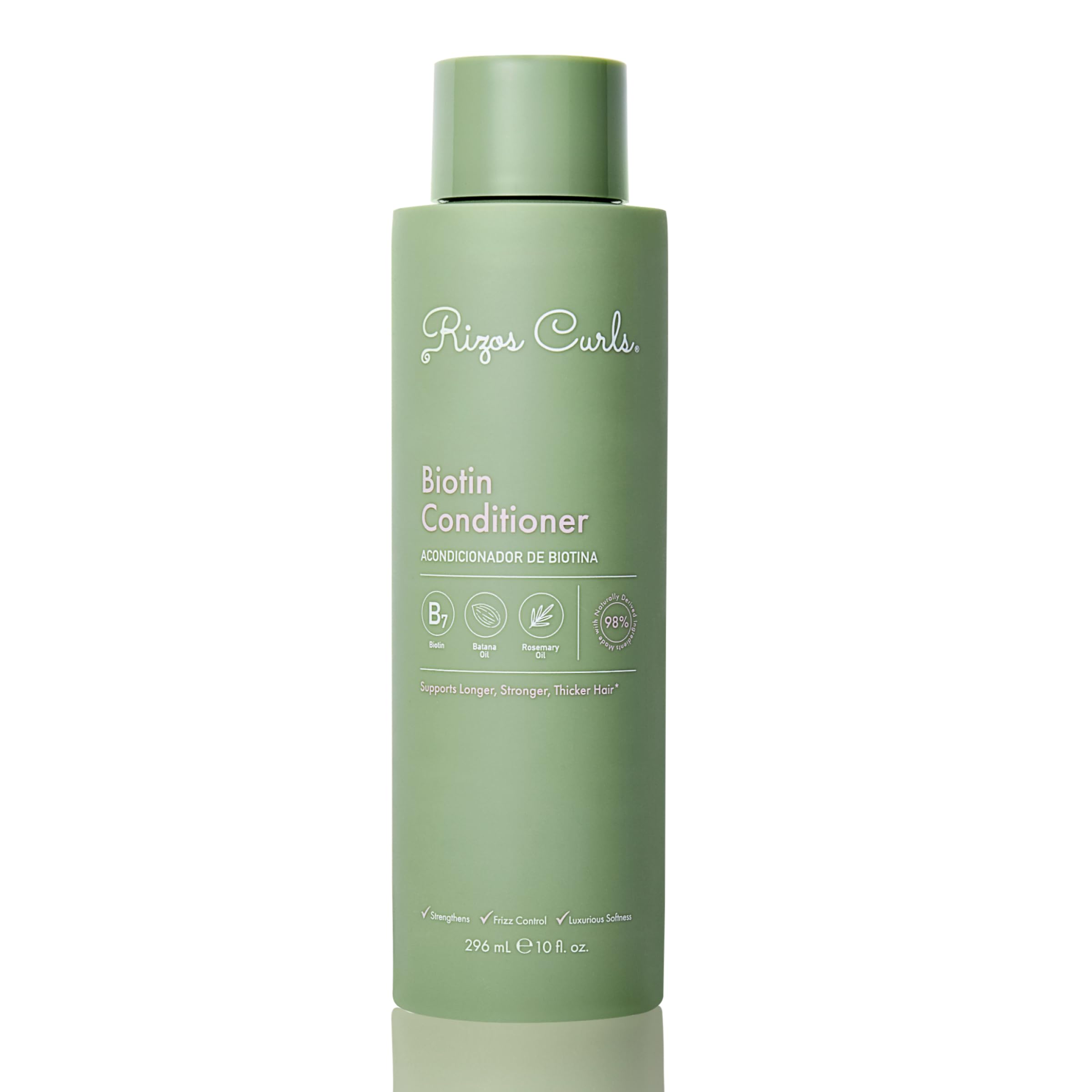 Rizos Curls Biotin Conditioner bottle shows rich moisture for all hair types.
