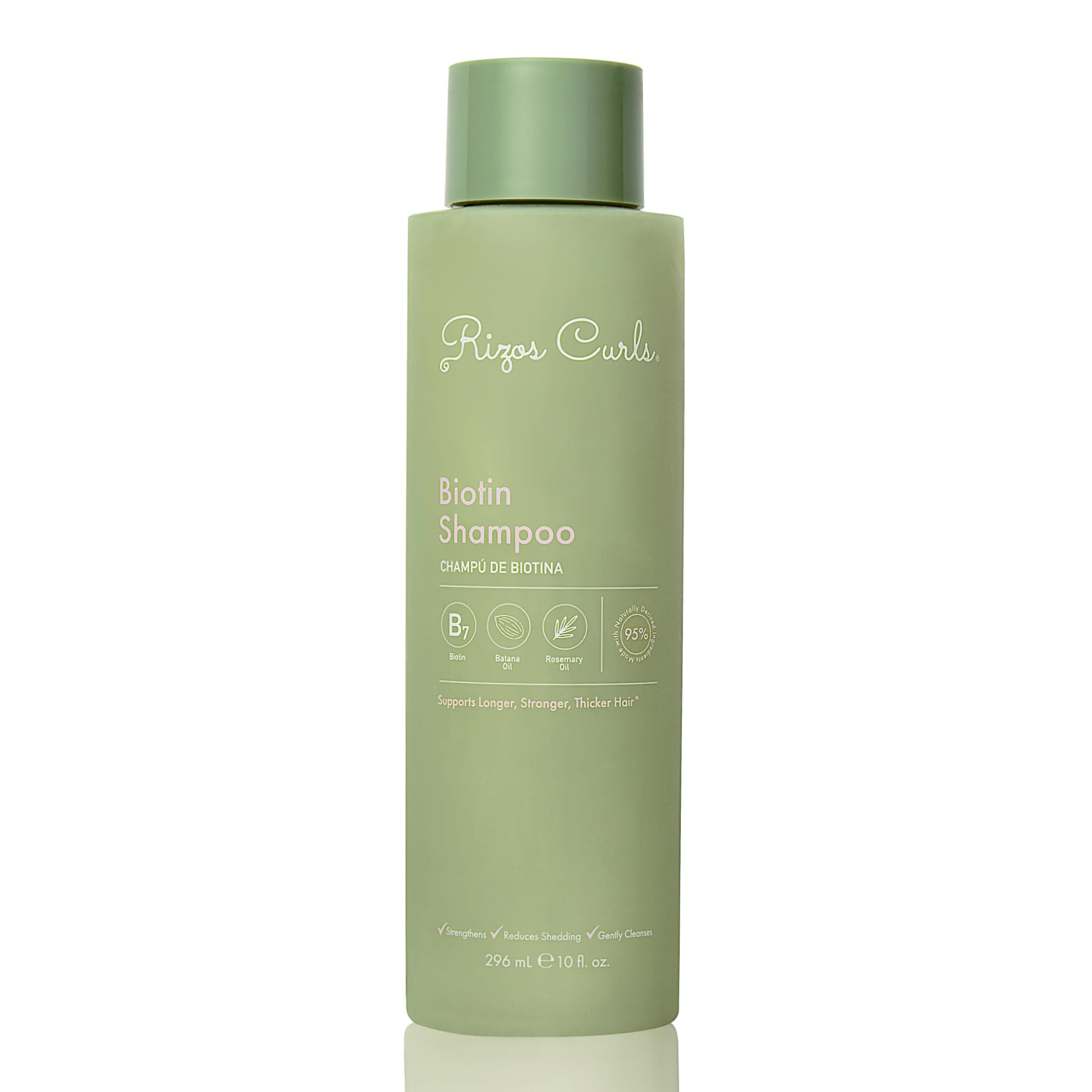 Rizos Curls Biotin Shampoo bottle front; nourishes and strengthens all hair types.