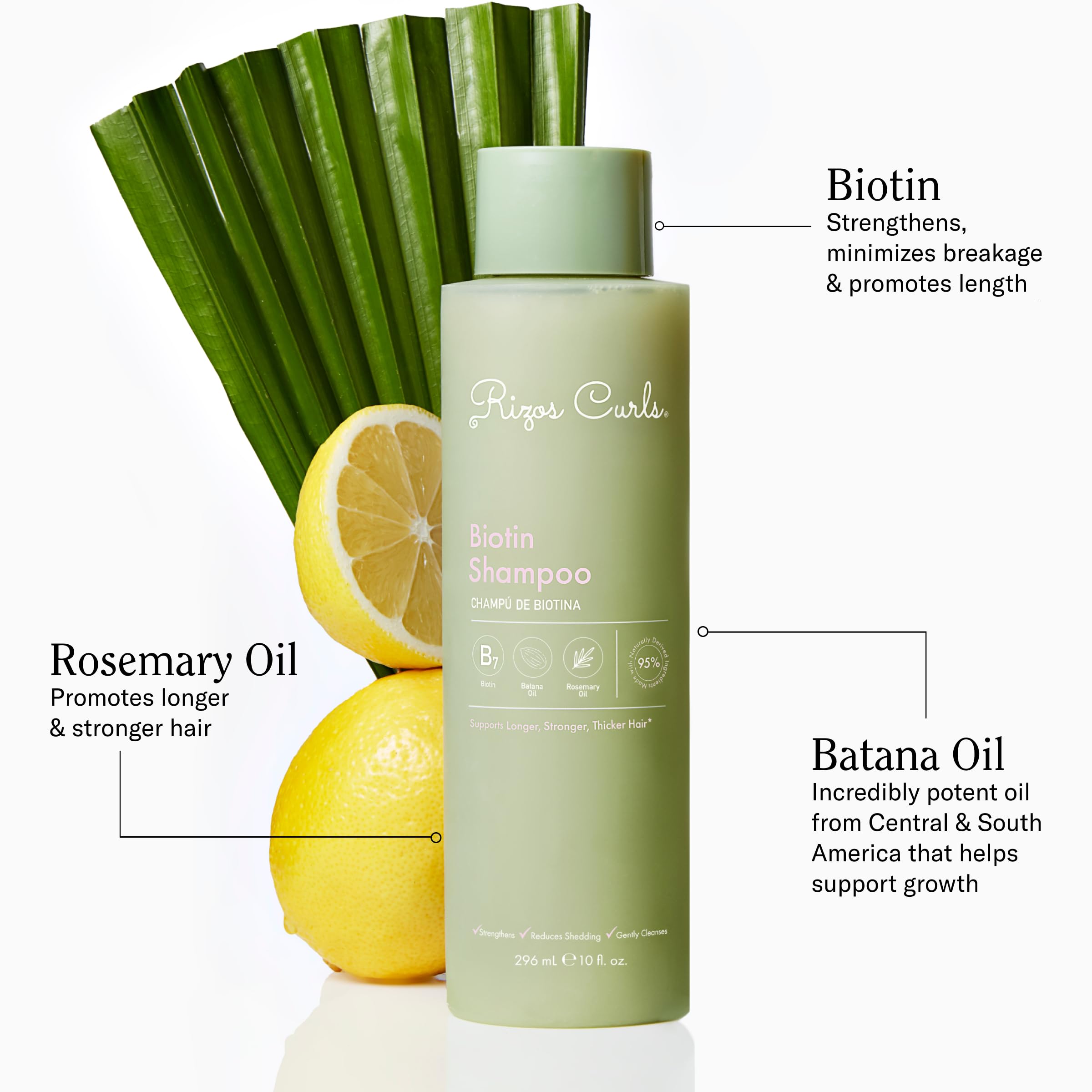 Rizos Curls Biotin Shampoo lather from a clean pump bottle.