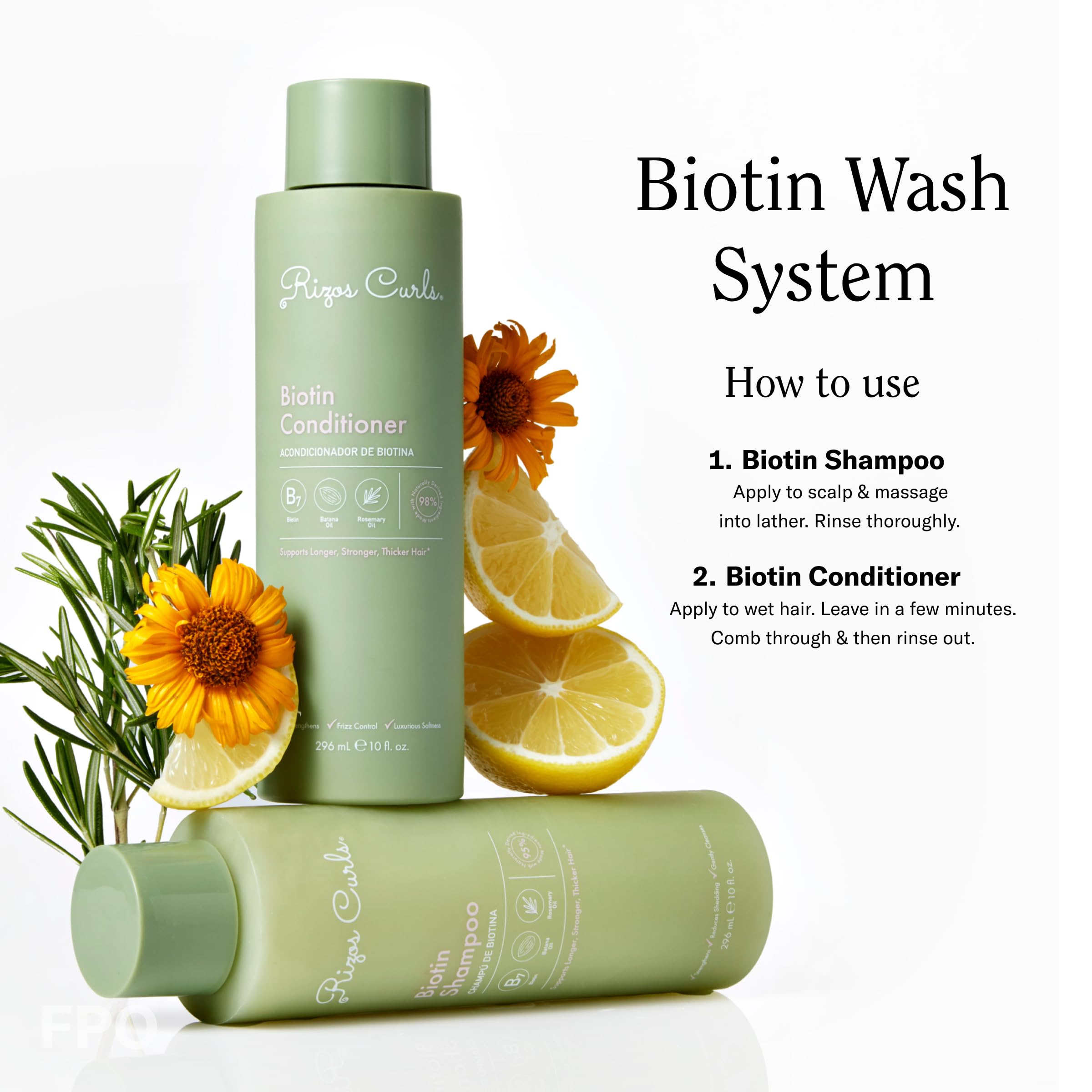 Rizos Curls Biotin Shampoo features rosemary oil and biotin.