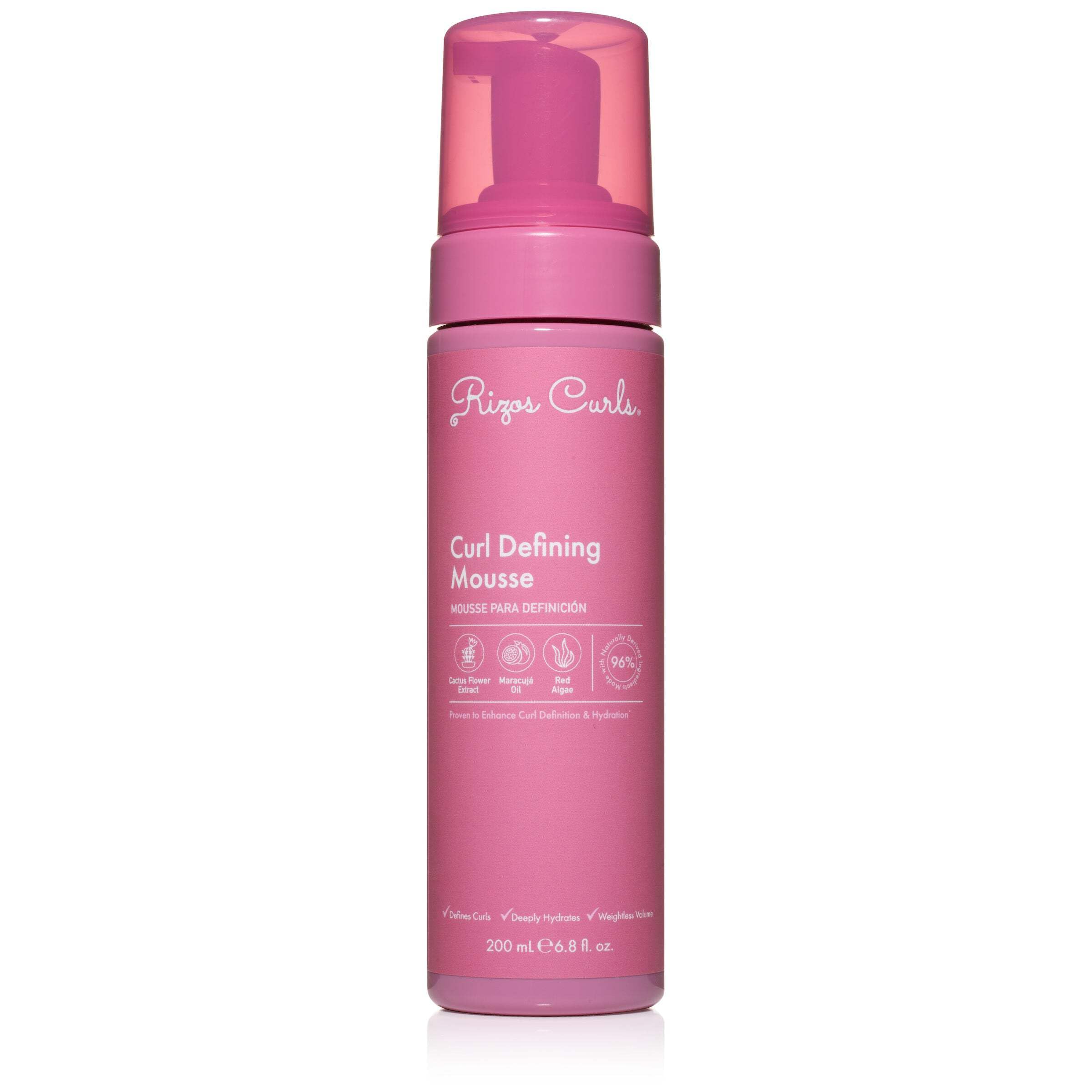 Rizos Curls Curl Defining Mousse bottle front shows lightweight volume for waves, curls, coils