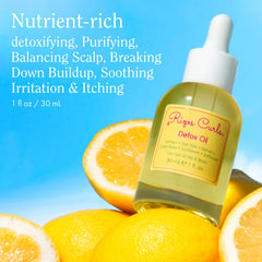Rizos Curls Detox Oil pour showing a lightweight soothing oil for irritation relief.