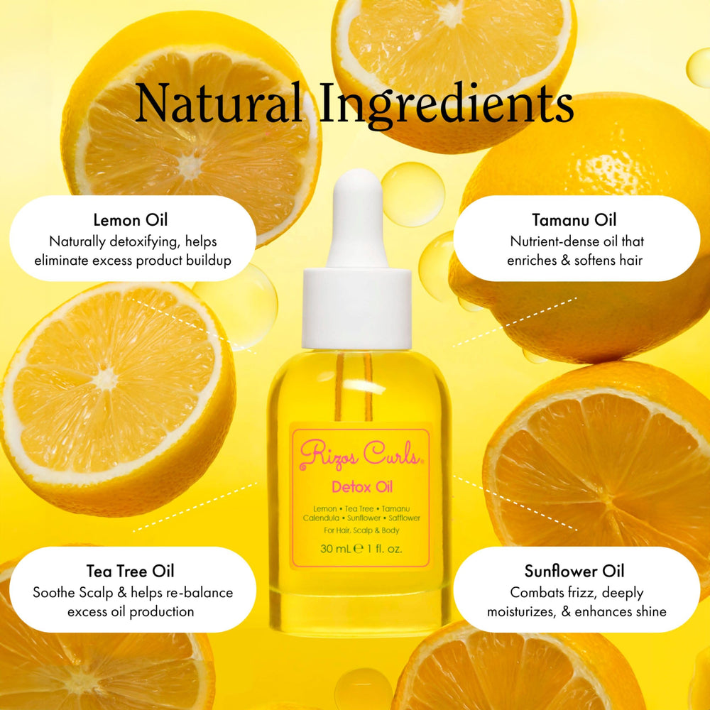 Rizos Curls Detox Oil applied to scalp for buildup reduction and calmer skin.