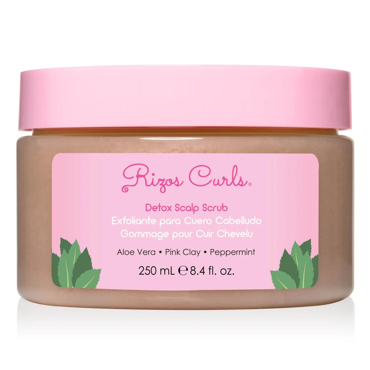 Rizos Curls Detox Scalp Scrub with pink clay exfoliates for a refreshed scalp.