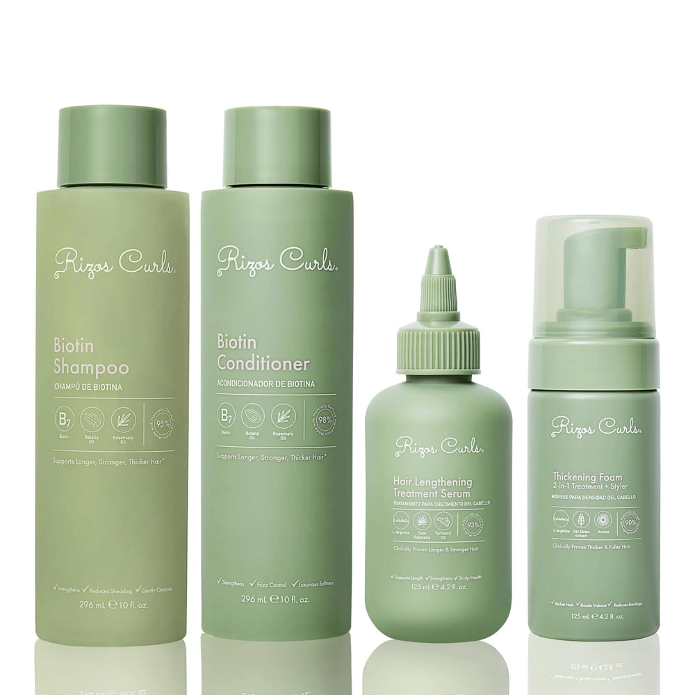 Rizos Curls Lengthening Oil bottle pouring for smooth application and longer-looking hair routine.