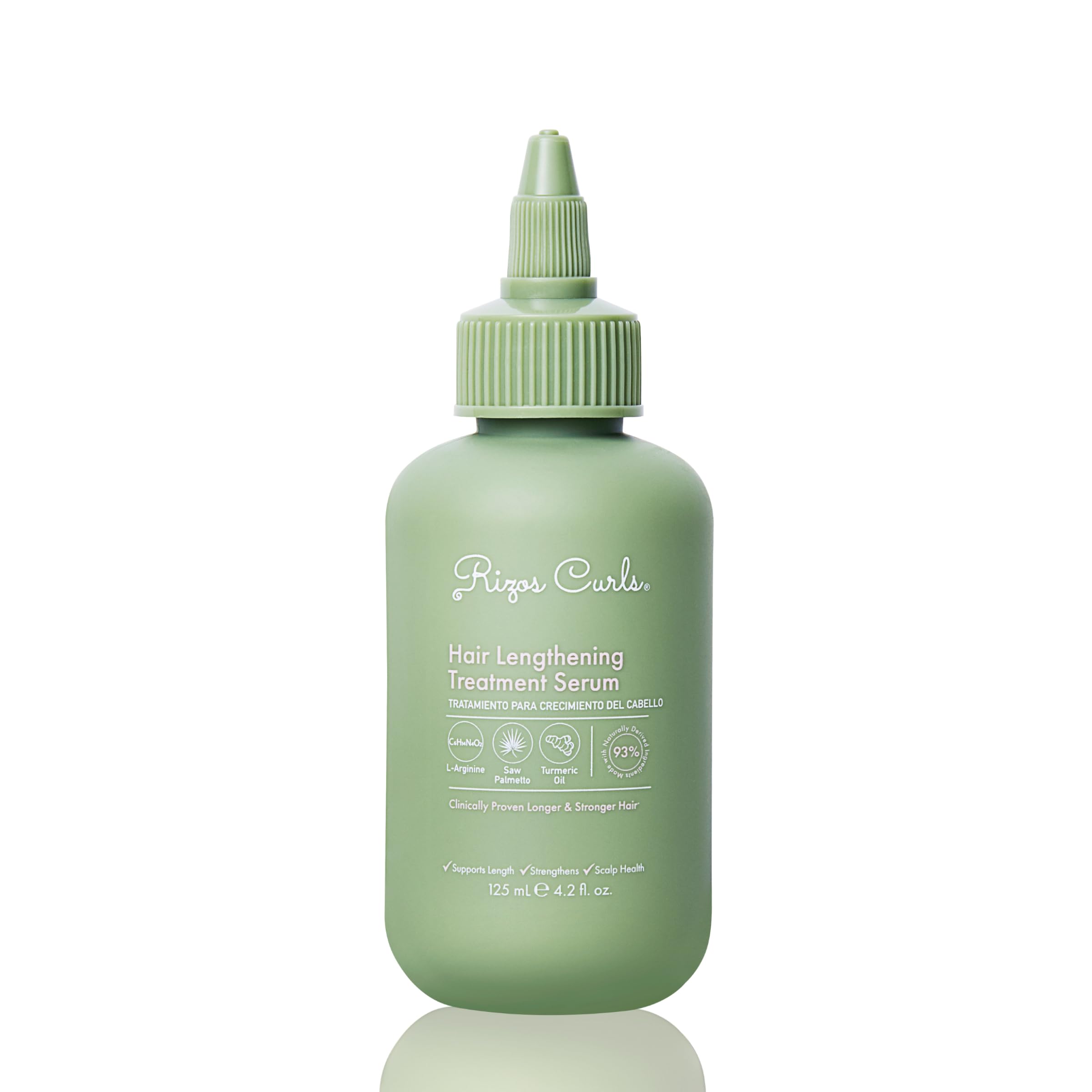 Rizos Curls lengthening serum bottle promotes scalp health and potential longer hair.