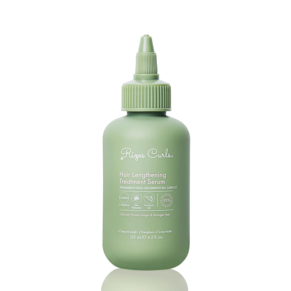 Rizos Curls lengthening serum bottle promotes scalp health and potential longer hair.