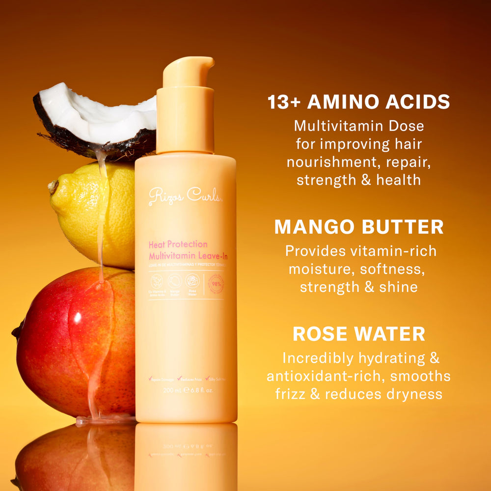 Rizos Curls Multivitamin Leave-In with 13+ vitamins for nourishment.