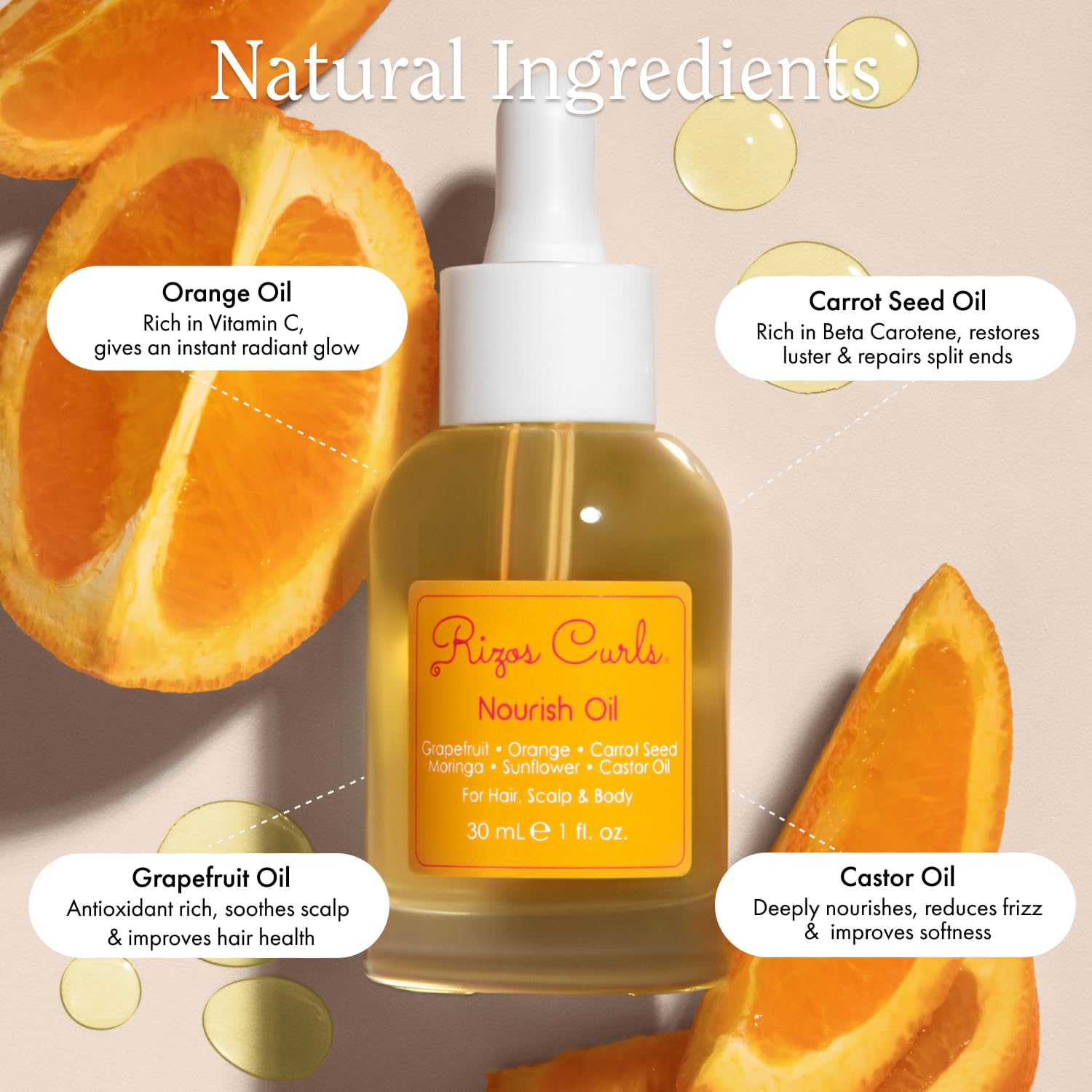 Rizos Curls Nourish Oil with sunflower, coconut, and argan for sealing ends and moisturizing