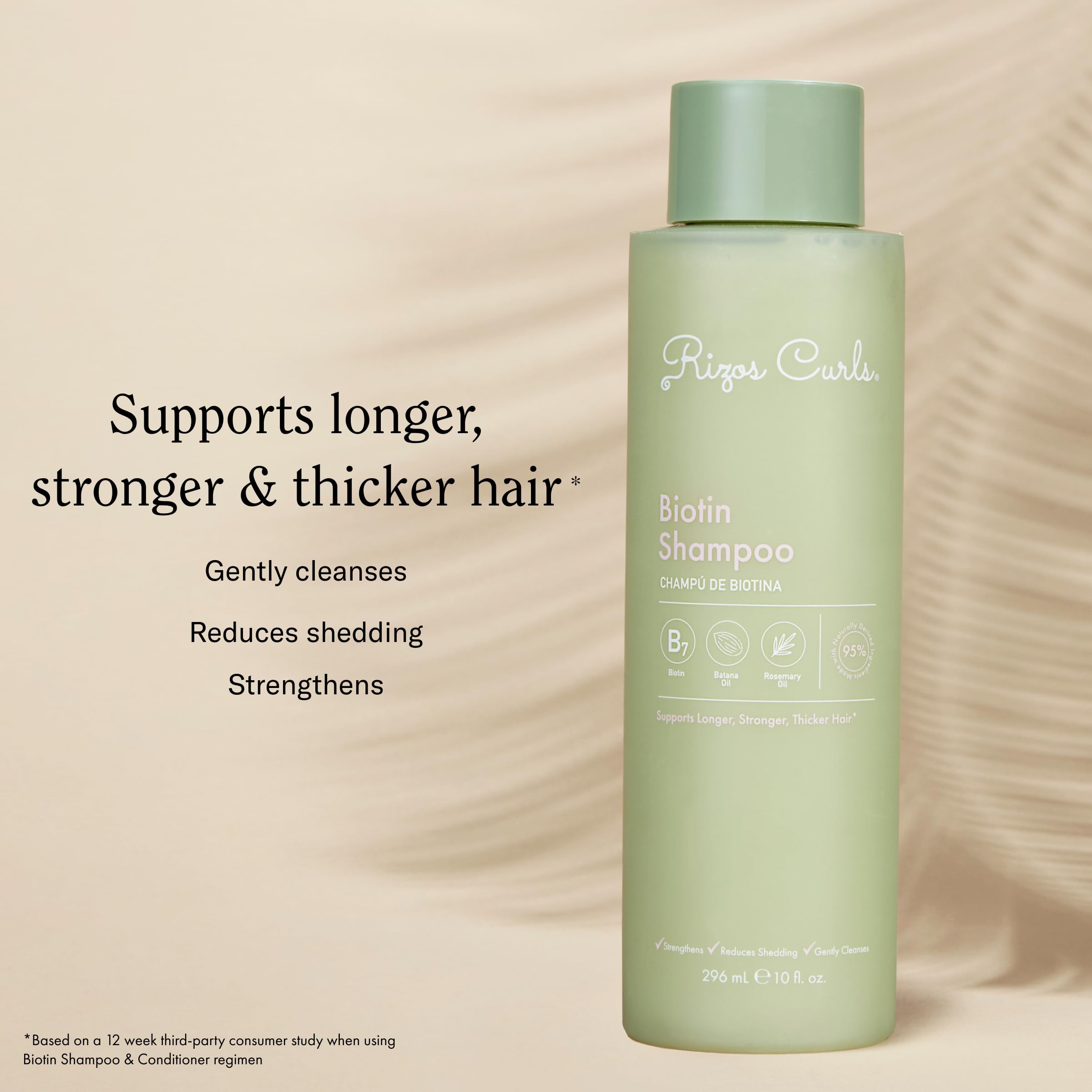Rizos Curls Biotin Shampoo with rosemary oil; promotes shine and softness.