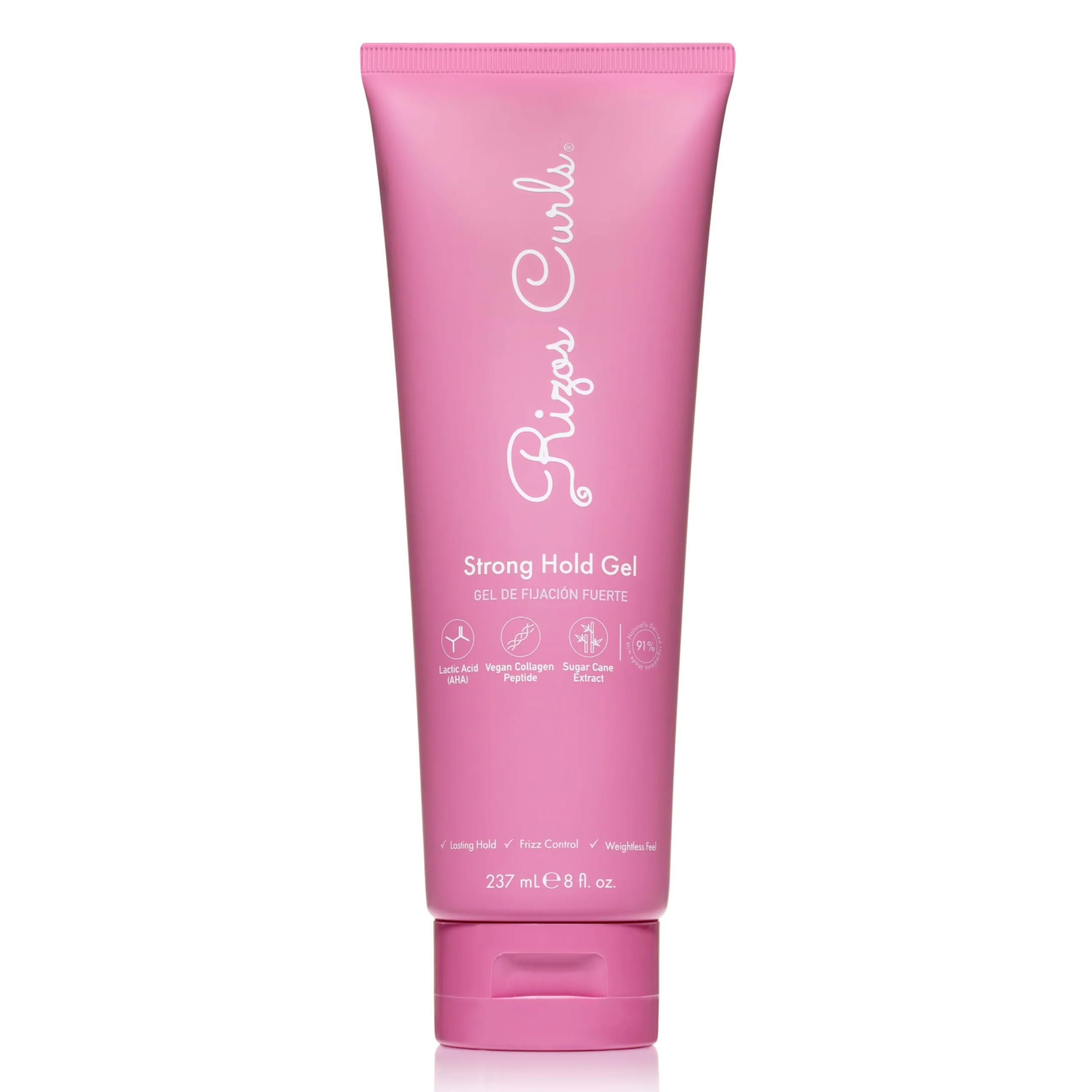 Rizos Curls Strong Hold Gel bottle front showing long lasting hold without stiffness