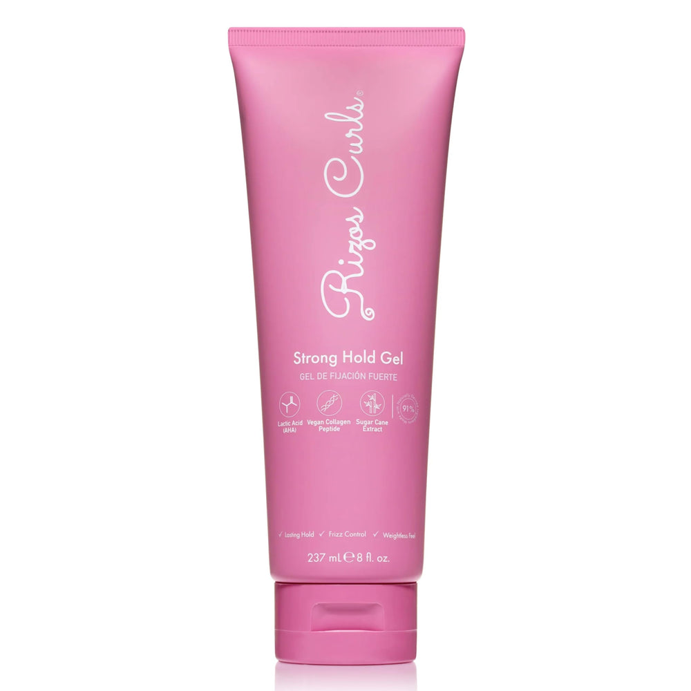 Rizos Curls Strong Hold Gel bottle front showing long lasting hold without stiffness