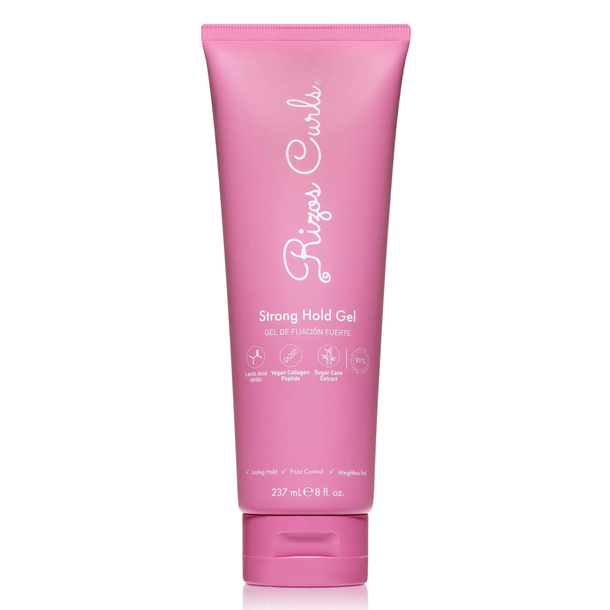 Rizos Curls Strong Hold Gel bottle front showing long lasting hold without stiffness