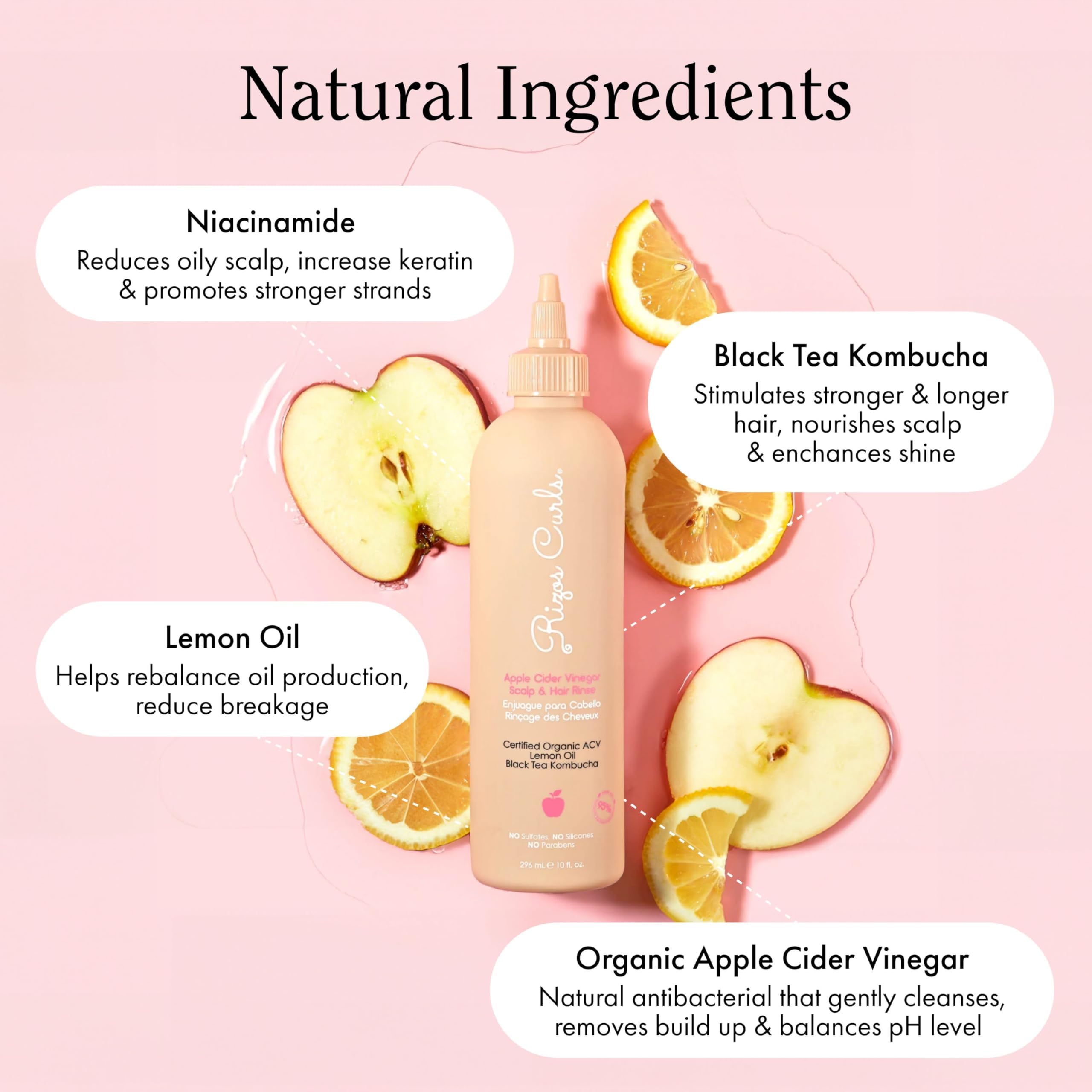 Rizos Curls travel ACV rinse bottle closeup highlights gentle cleansing and pH balance.