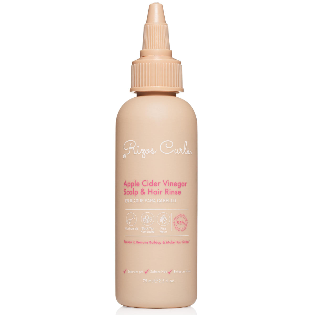 Rizos Curls travel ACV rinse bottle pour promotes balanced scalp moisture and shine.