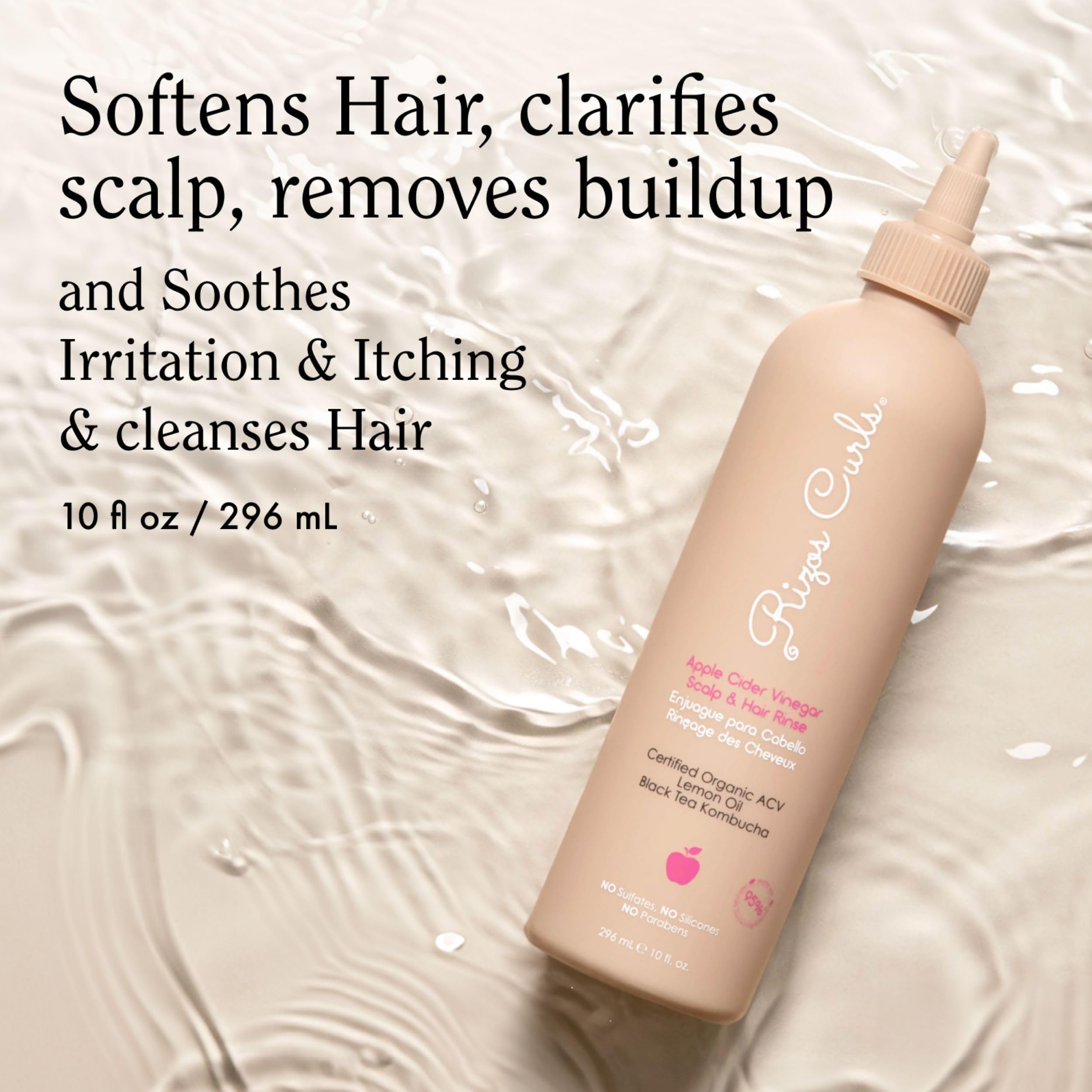 Rizos Curls travel ACV rinse scalp massage scene clarifying buildup and refreshing feel.