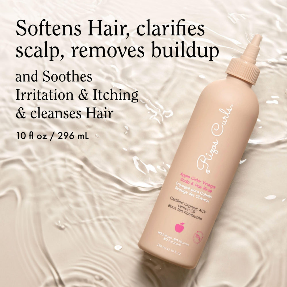Rizos Curls travel ACV rinse scalp massage scene clarifying buildup and refreshing feel.
