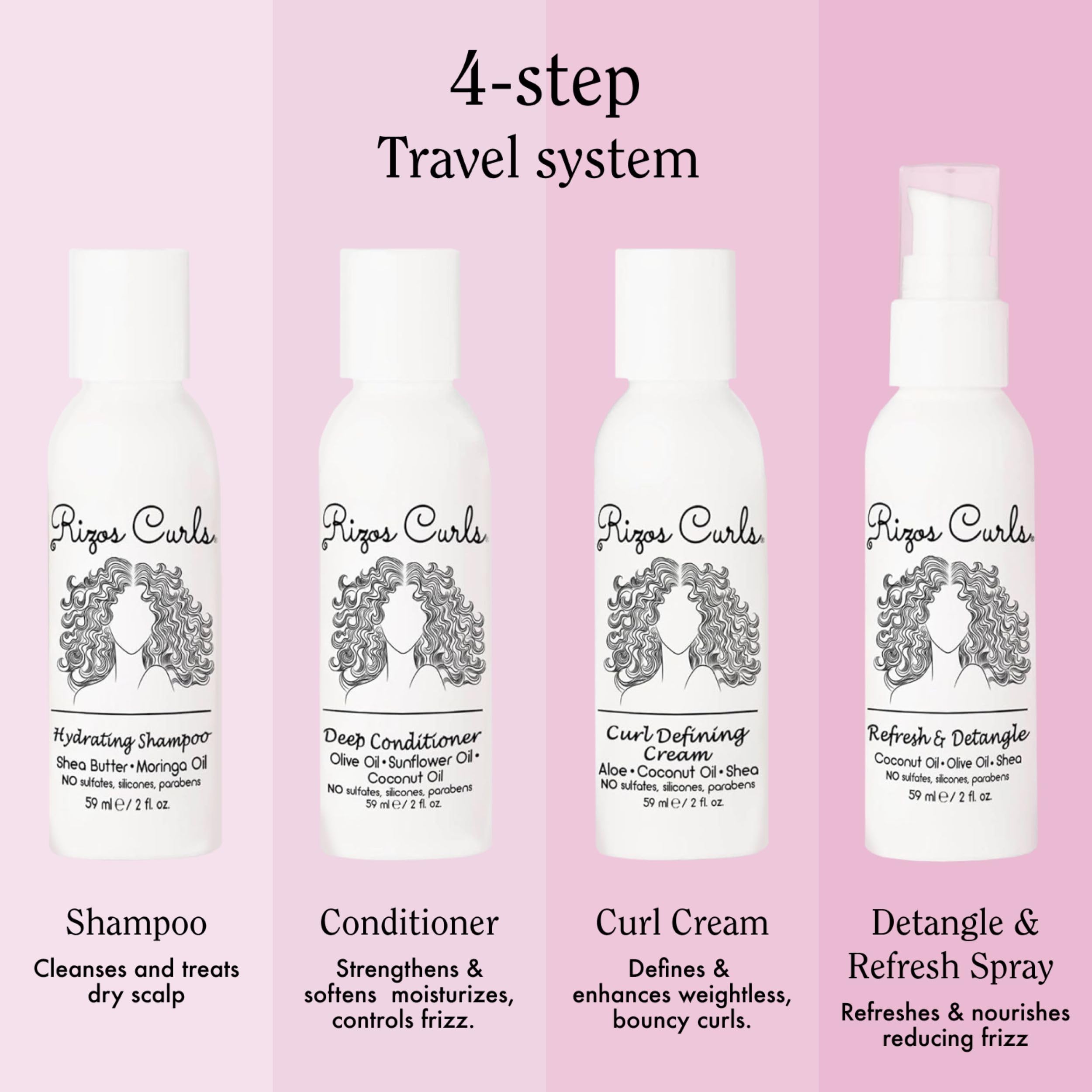 Rizos Curls travel kit conditioner bottle provides deep hydration for curls
