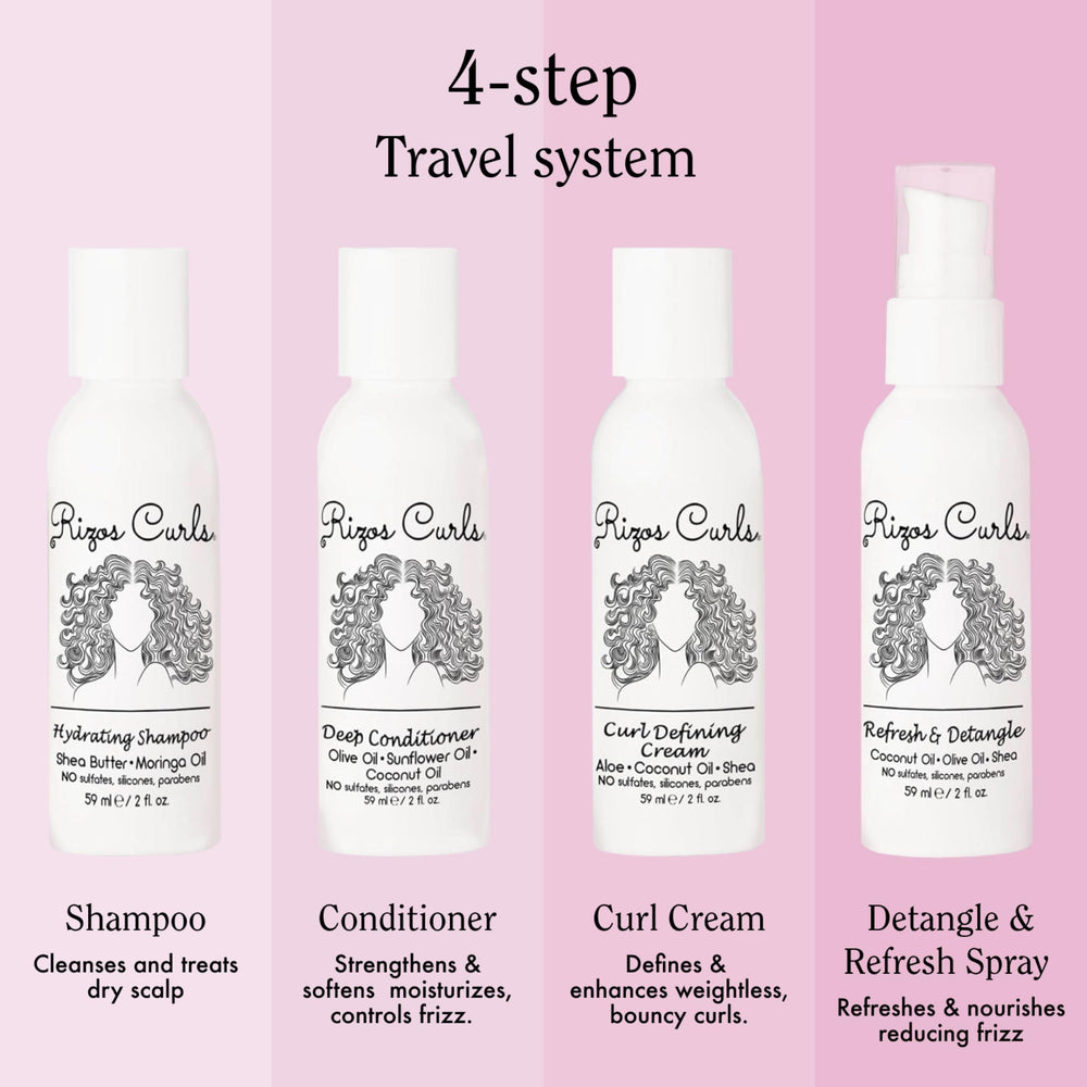 Rizos Curls travel kit conditioner bottle provides deep hydration for curls