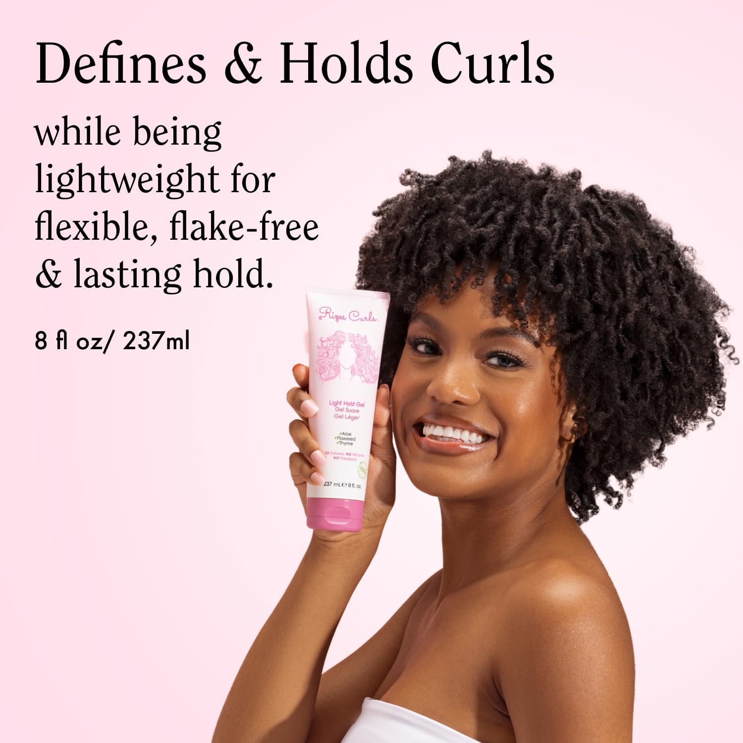 Rizos Curls Travel Light Hold Gel application demonstrating flexible hold for curls.