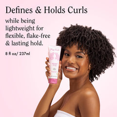 Rizos Curls Travel Light Hold Gel application demonstrating flexible hold for curls.