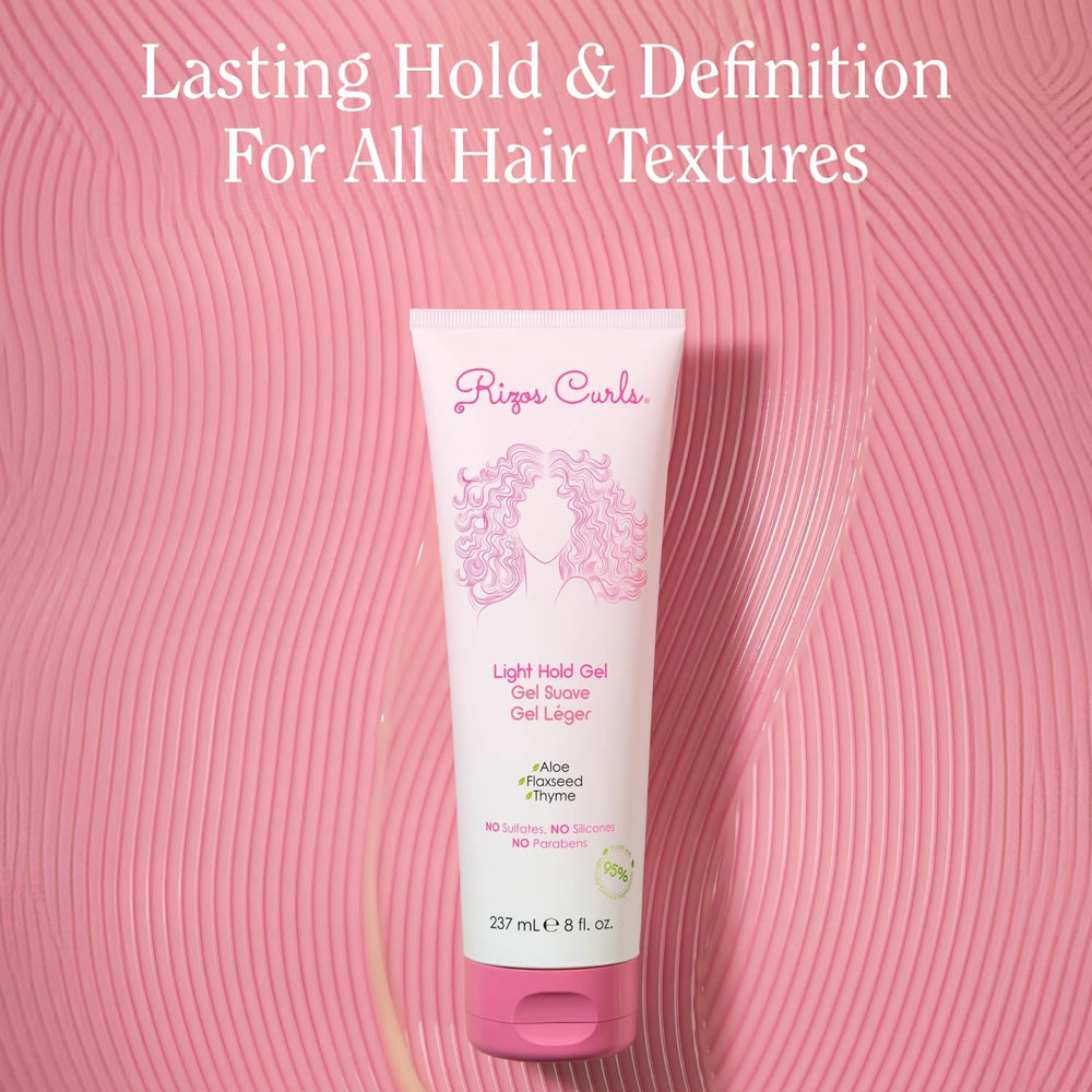 Rizos Curls Travel Light Hold Gel defines curls with soft, flaky-free texture.