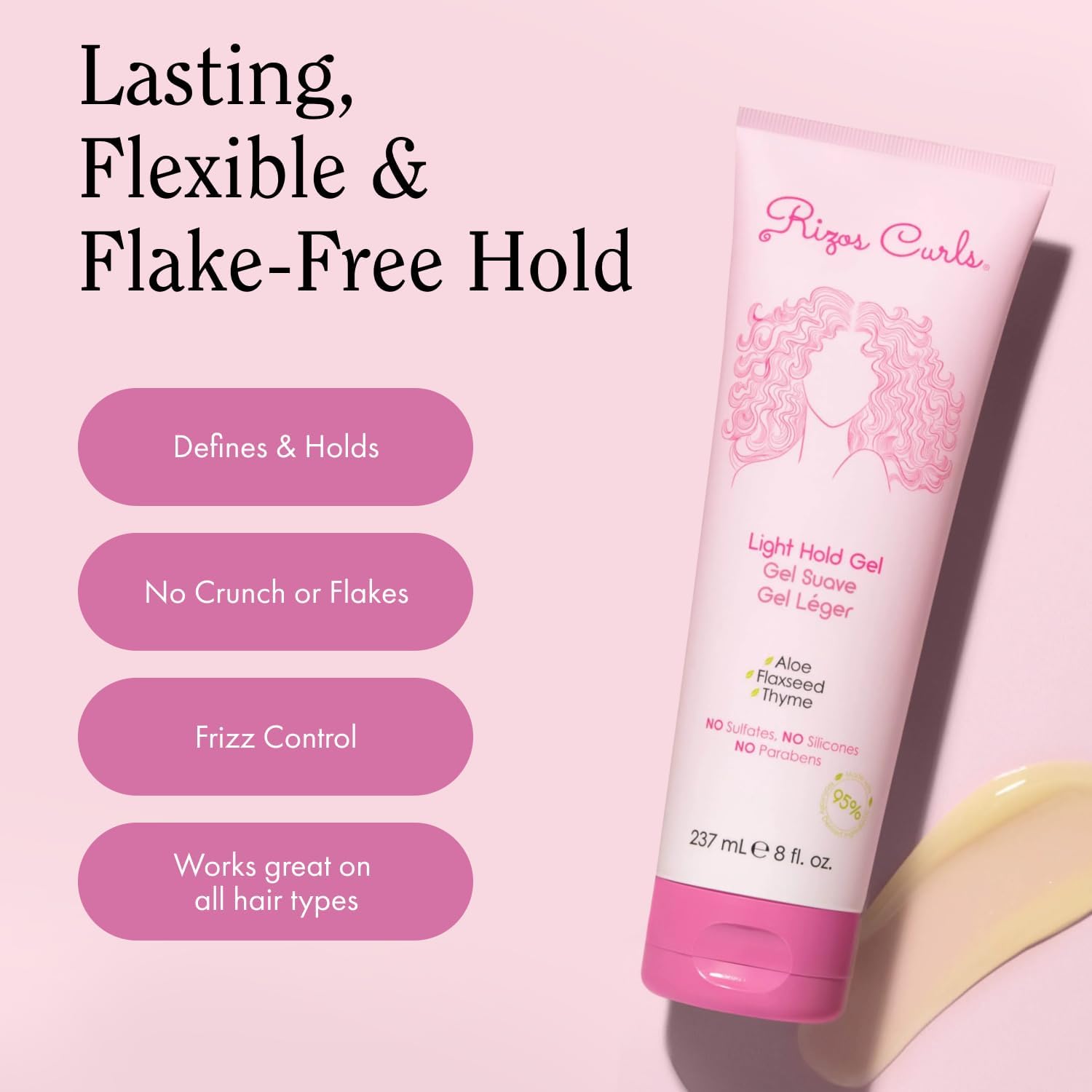 Rizos Curls Travel Light Hold Gel minimizes frizz for smooth, defined curls.