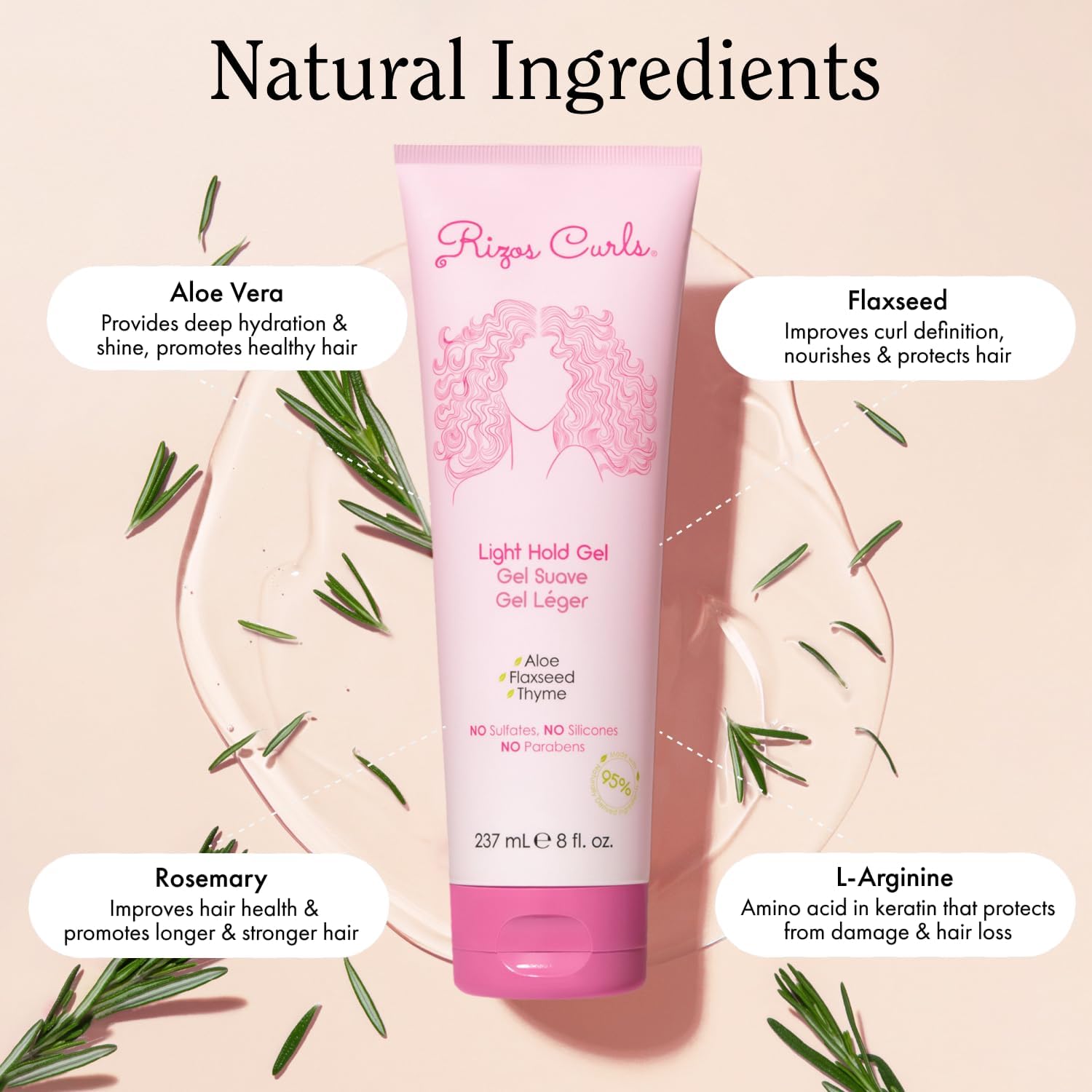 Rizos Curls Travel Light Hold Gel adds shine and moisture without weighing hair down.