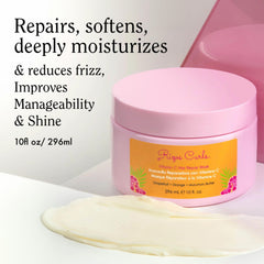 Close-up of creamy texture of Rizos Curls mask for detangling
