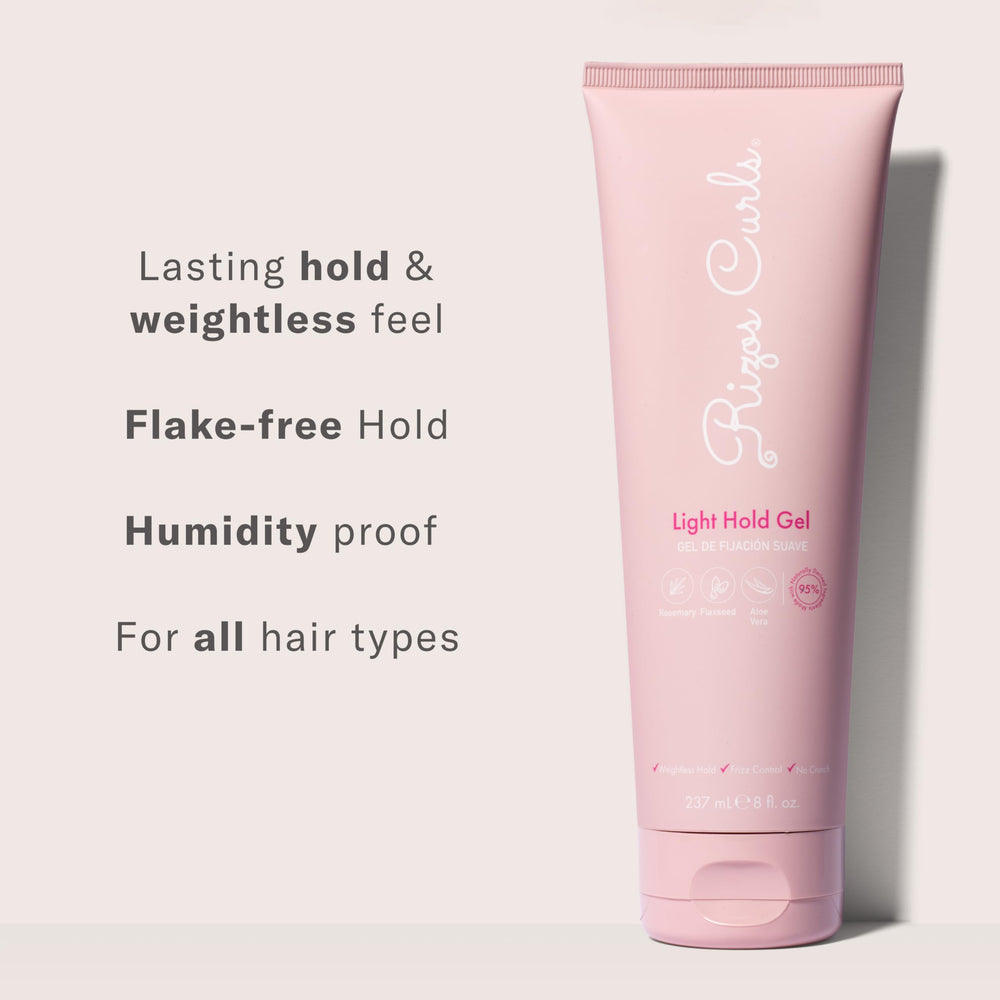 Close-up shows frizz control and natural shine with Rizos Curls gel.