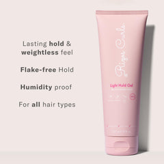 Close-up shows frizz control and natural shine with Rizos Curls gel.