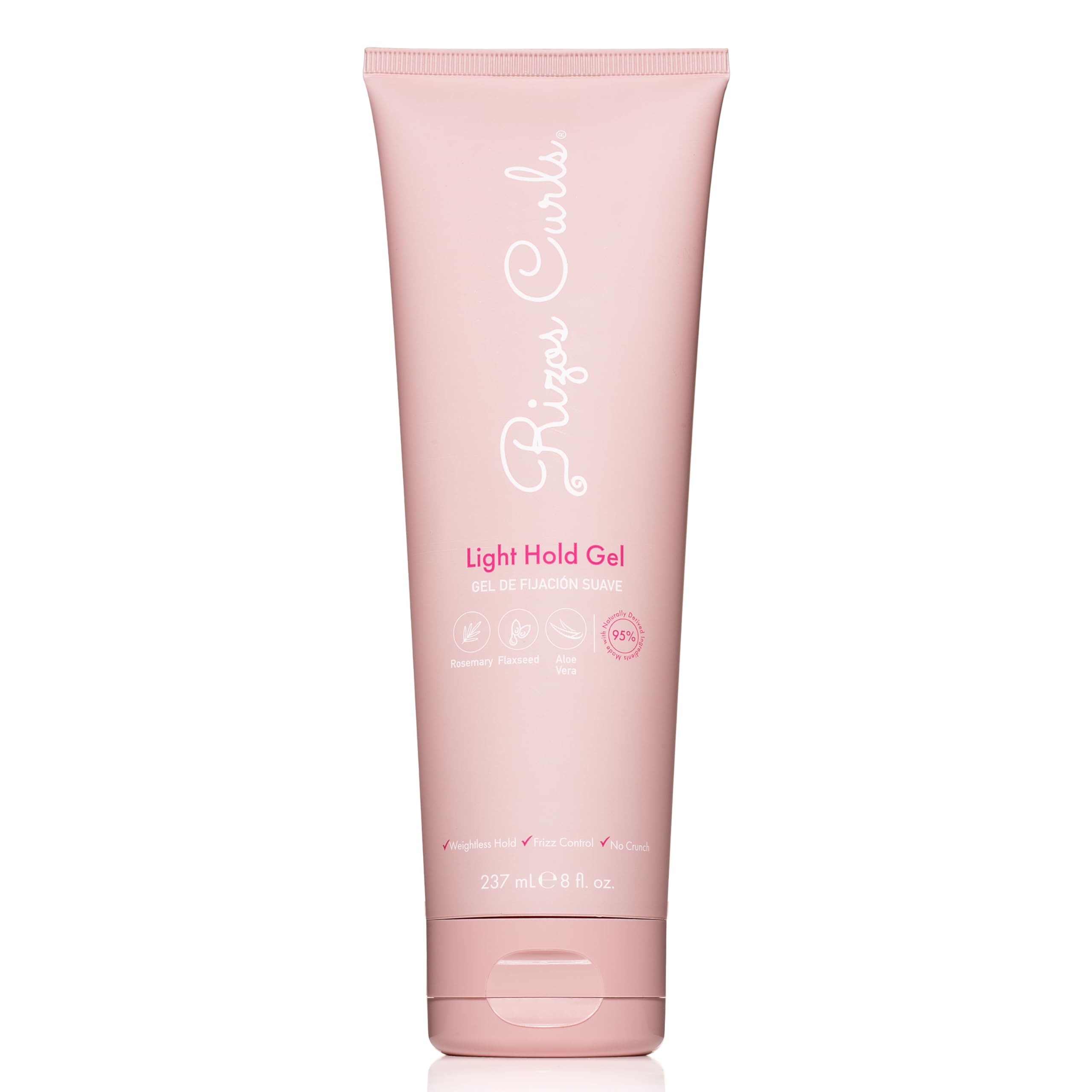 Rizos Curls Light Hold Gel bottle demonstrates flexible curl definition.