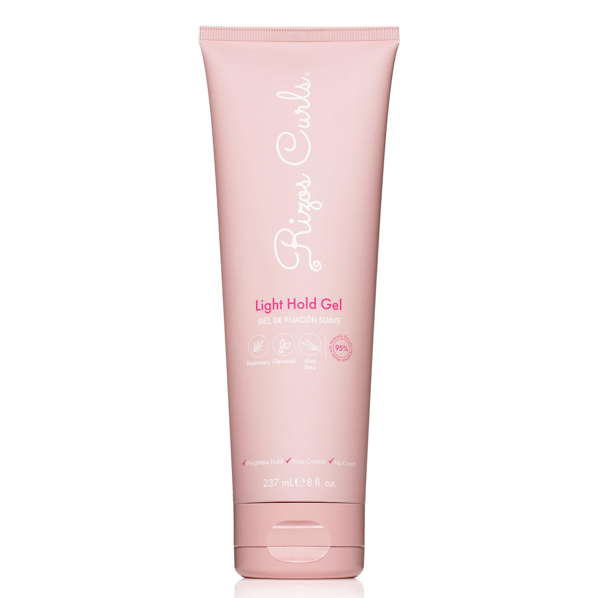 Rizos Curls Light Hold Gel bottle demonstrates flexible curl definition.