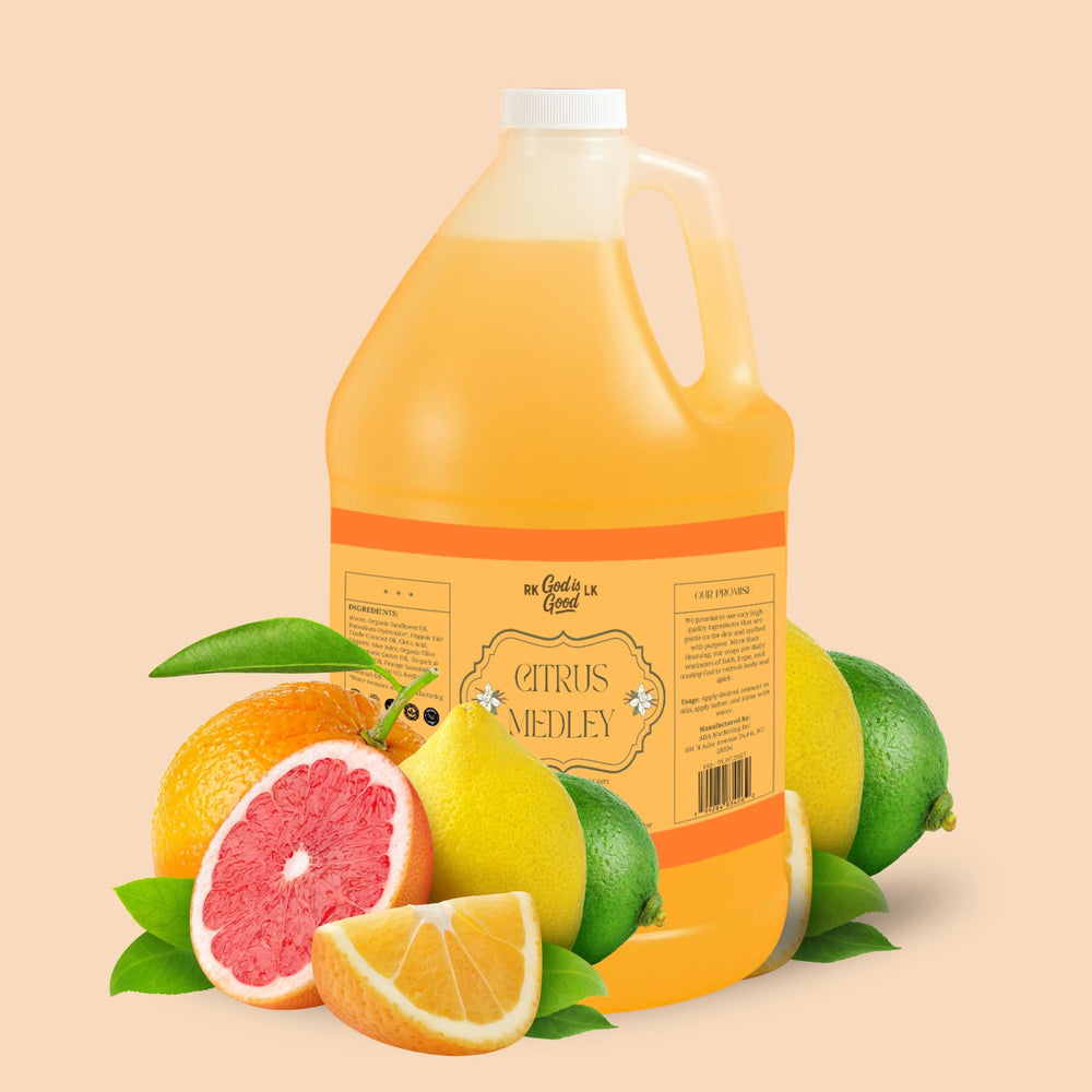 RKGodisGoodLK Citrus Medley label ingredients emphasizes organic aloe vera and plant oils