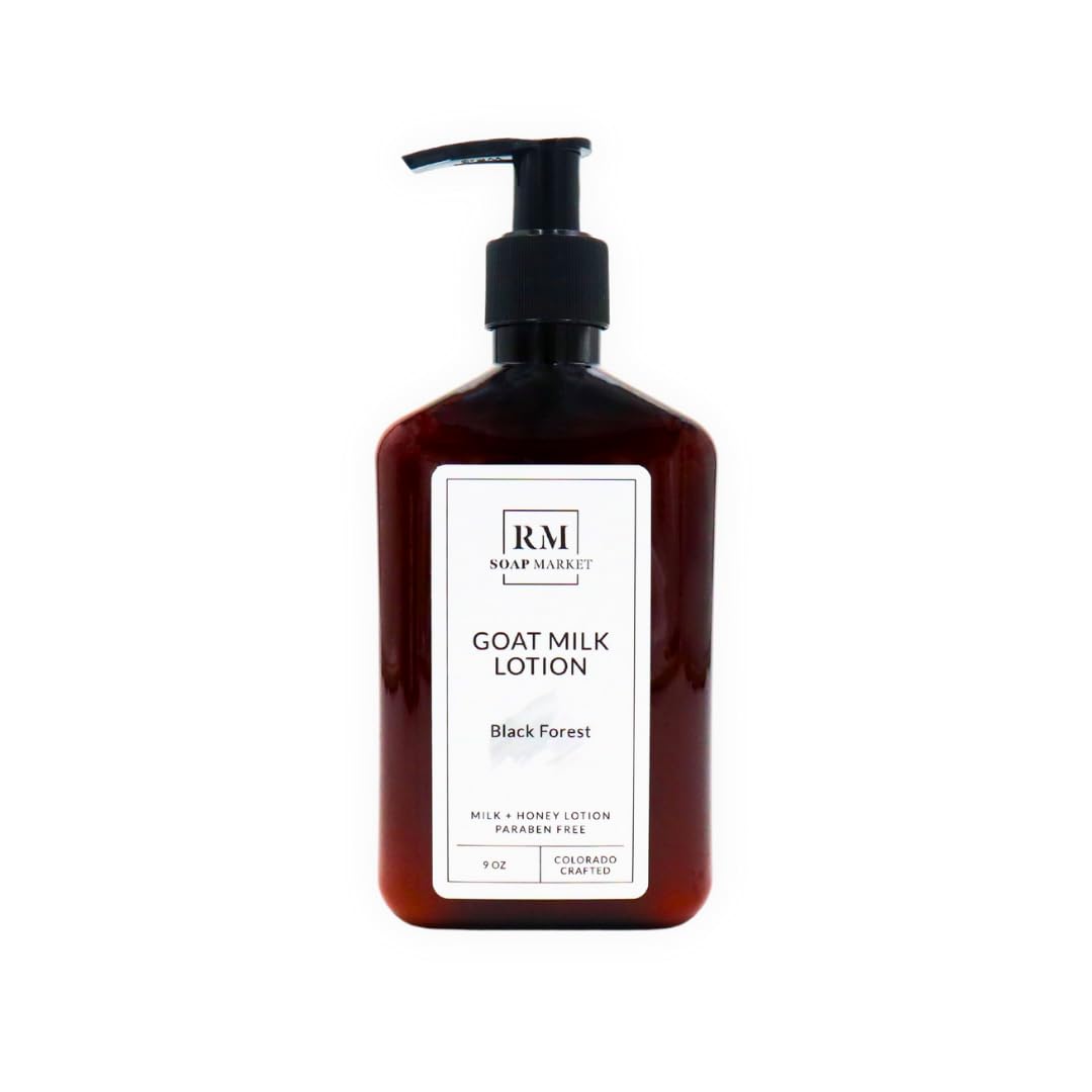 RM Soap Market Goat Milk Lotion bottle front featuring Black Forest aroma for daily hydration.