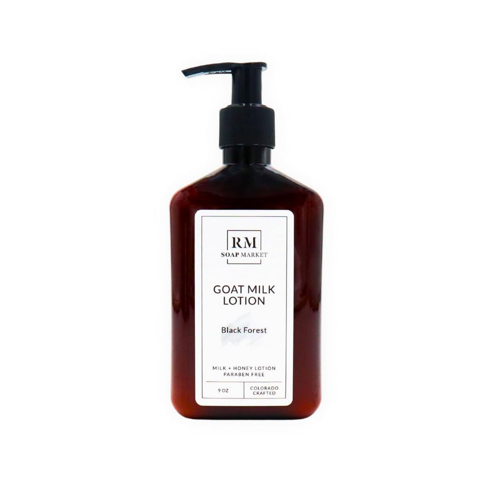 RM Soap Market Goat Milk Lotion bottle front featuring Black Forest aroma for daily hydration.