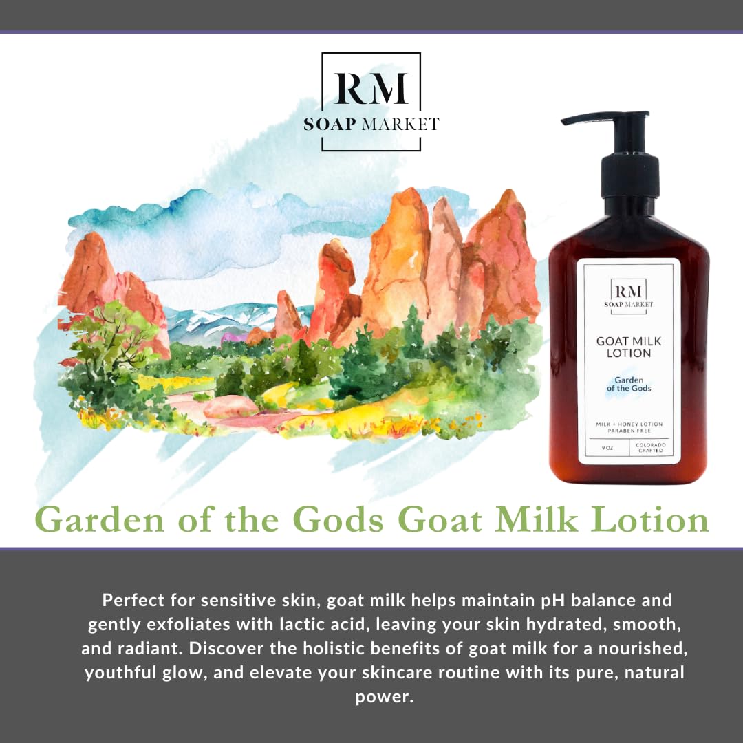RM Soap Market Goat Milk Lotion label showing Garden of the Gods scent and nourishing blend