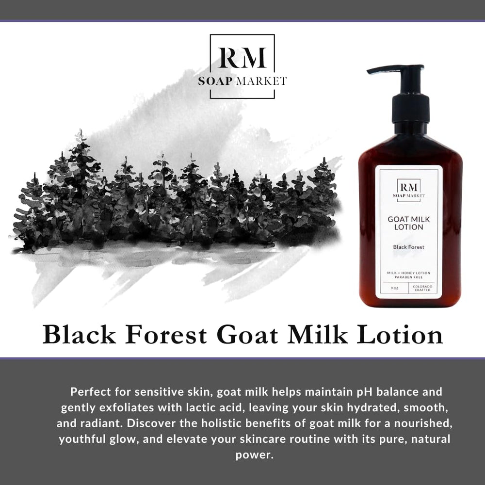 RM Soap Market Goat Milk Lotion label close-up highlighting nourishing ingredients.