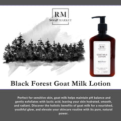 RM Soap Market Goat Milk Lotion label close-up highlighting nourishing ingredients.