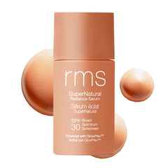 RMS Beauty Supernatural Radiance Serum SPF 30 bottle delivers glow and hydration.
