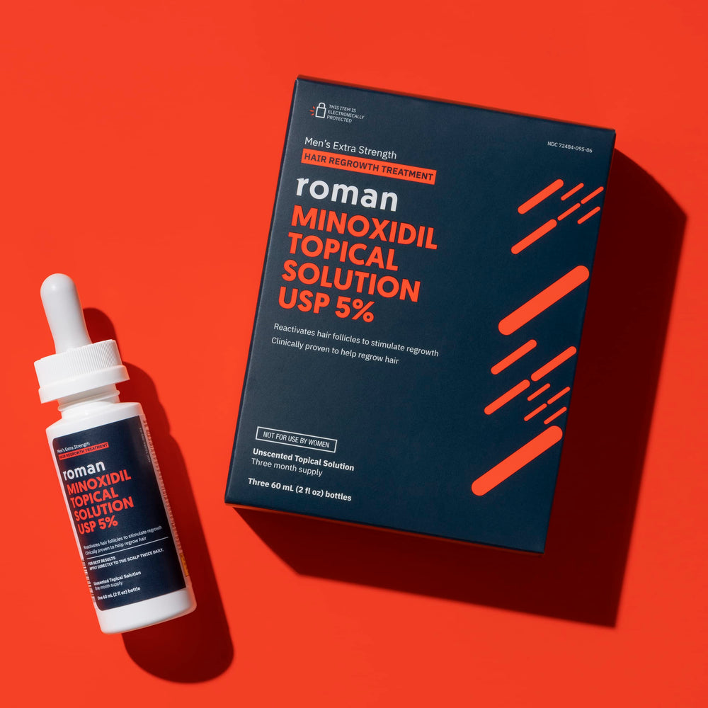 Ro Roman dropper-tip demonstrates precise twice-daily scalp application.