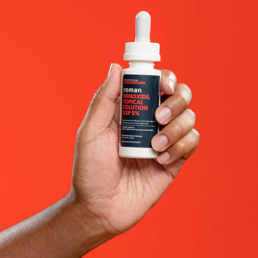 Ro Roman label shows 5% minoxidil dosage and usage directions.