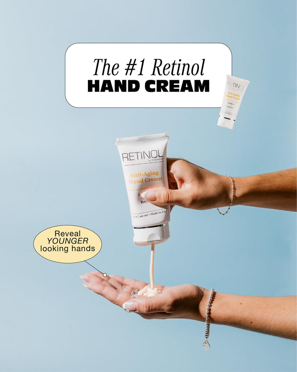 Robanda Retinol Hand Cream application close-up showing quick absorption and smooth skin feel.