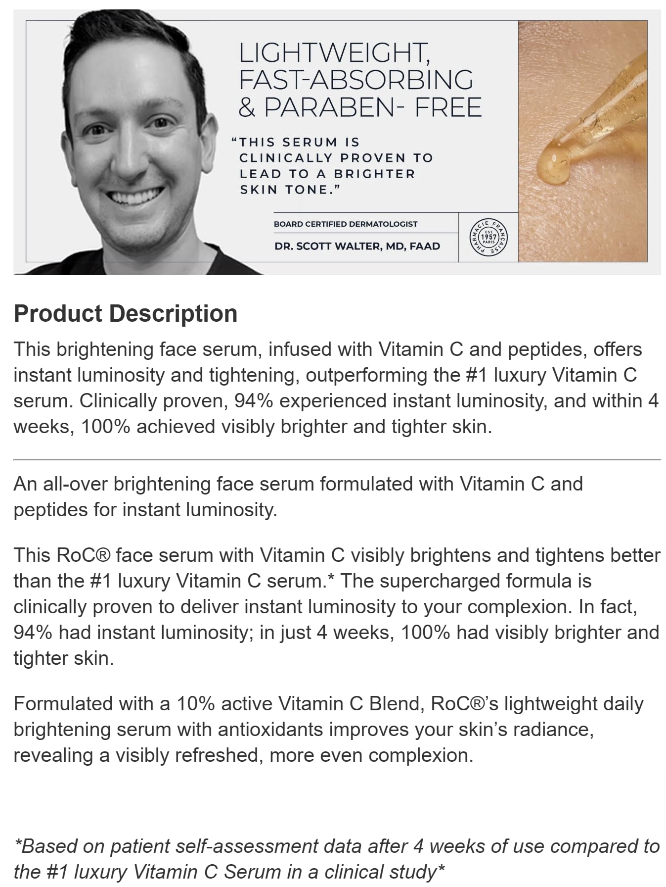 Brightening serum texture close-up on skin with RoC branding