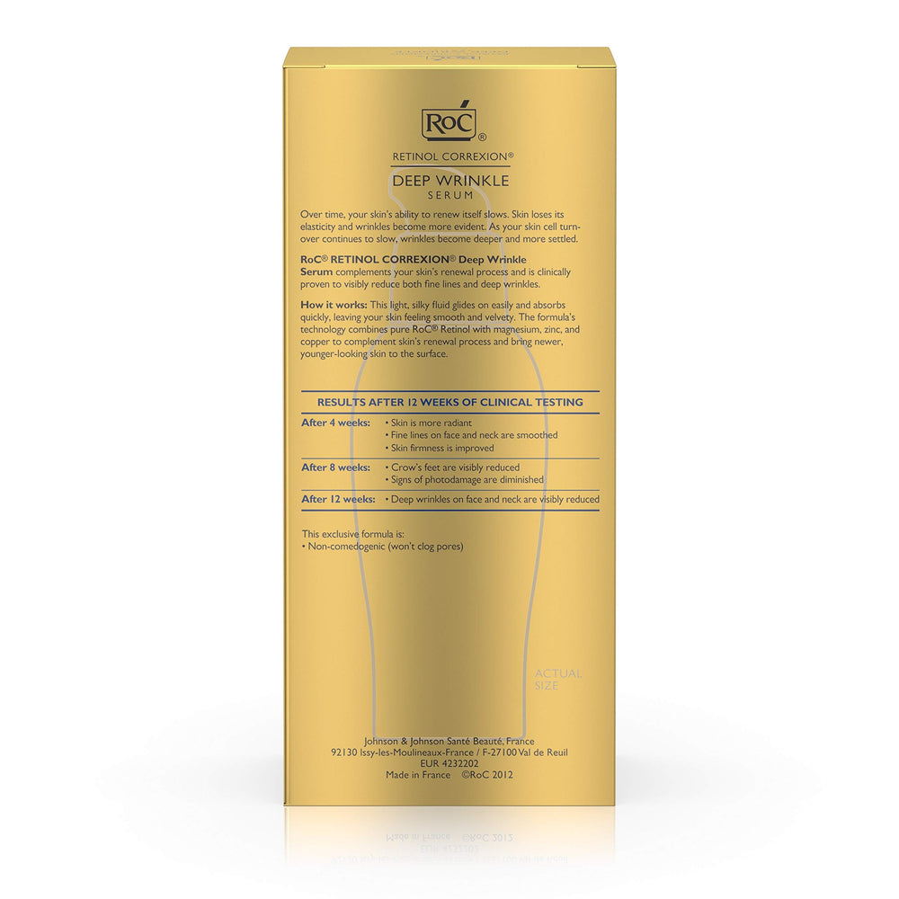 Close-up of RoC deep wrinkle serum on skin texture.