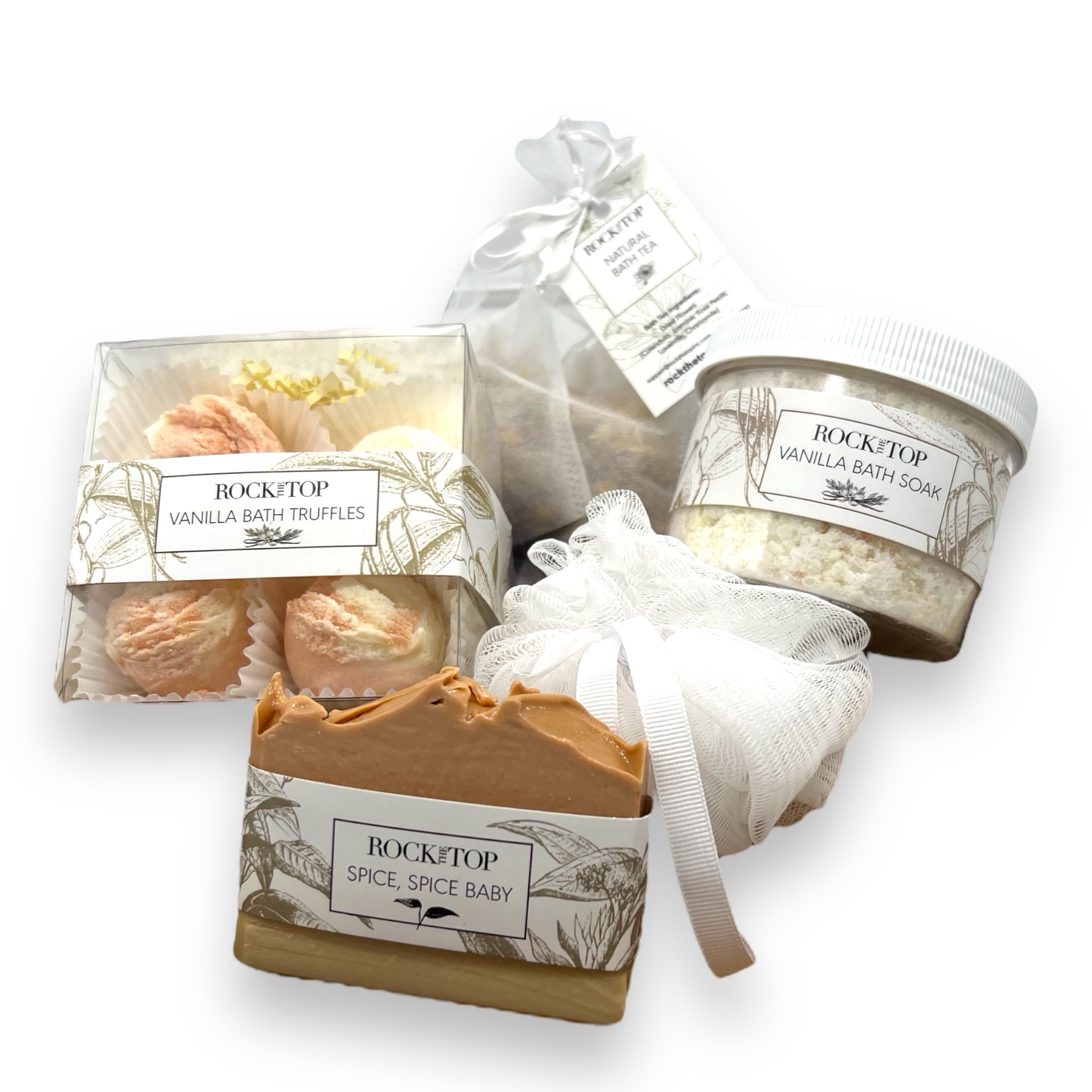 Rock the Top vanilla bath salt jar offering a mineral-rich soak