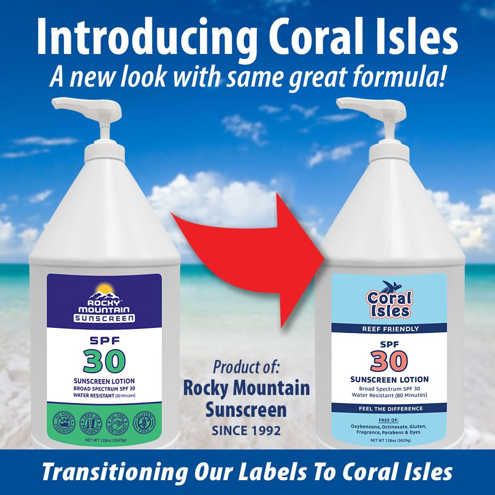 Rocky Mountain Sunscreen Coral Isles 128oz bulk bottle ideal for camps and pools