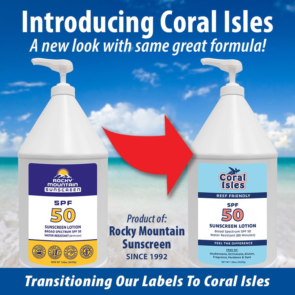 Rocky Mountain Sunscreen Coral Isles bulk 128oz container for group use.
