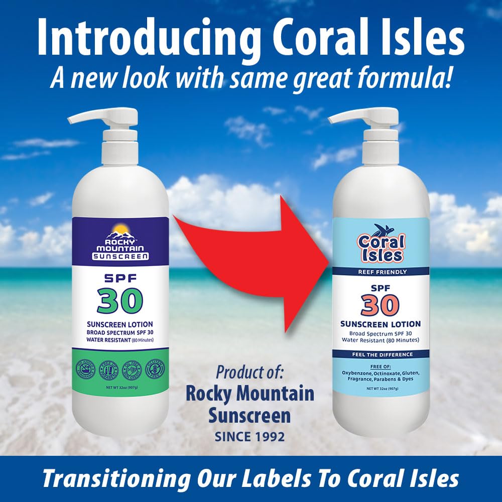 Coral Isles SPF 30 front label shows reef safety and broad spectrum.