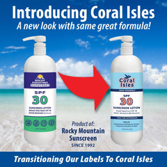 Coral Isles SPF 30 front label shows reef safety and broad spectrum.